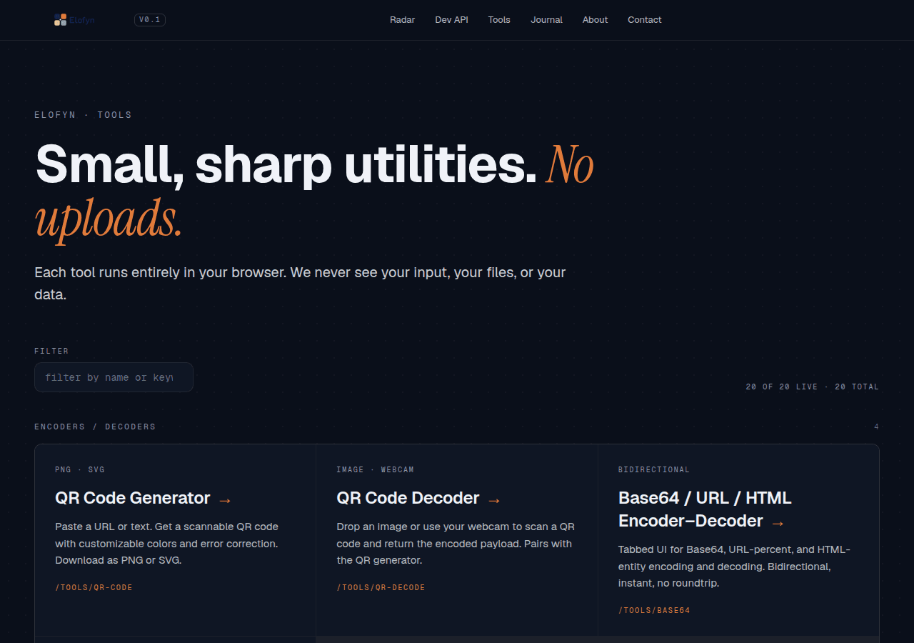 Screenshot for Twenty tools live — qr-code, qr-decode, lorem, slug join the catalog