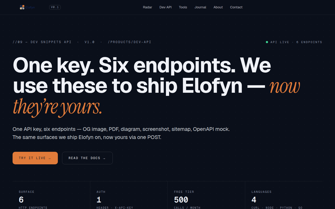 Screenshot for Dev API ships seven endpoints with cURL and Postman examples