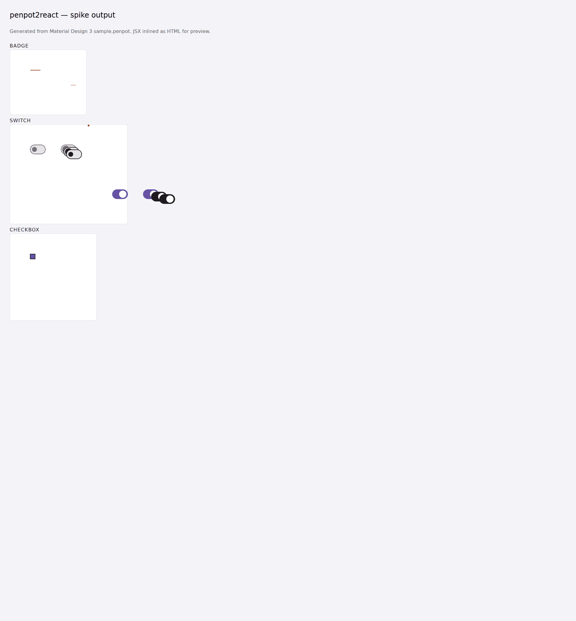 Material Design 3 Badge component rendered from Penpot — left column shows the Penpot source frame, right column the generated React + Tailwind output.